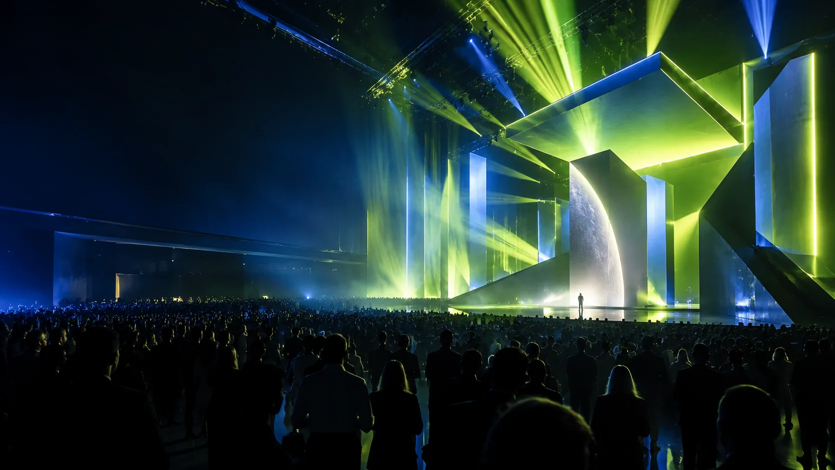 Immersive brand event with sculptural lighting and an audience